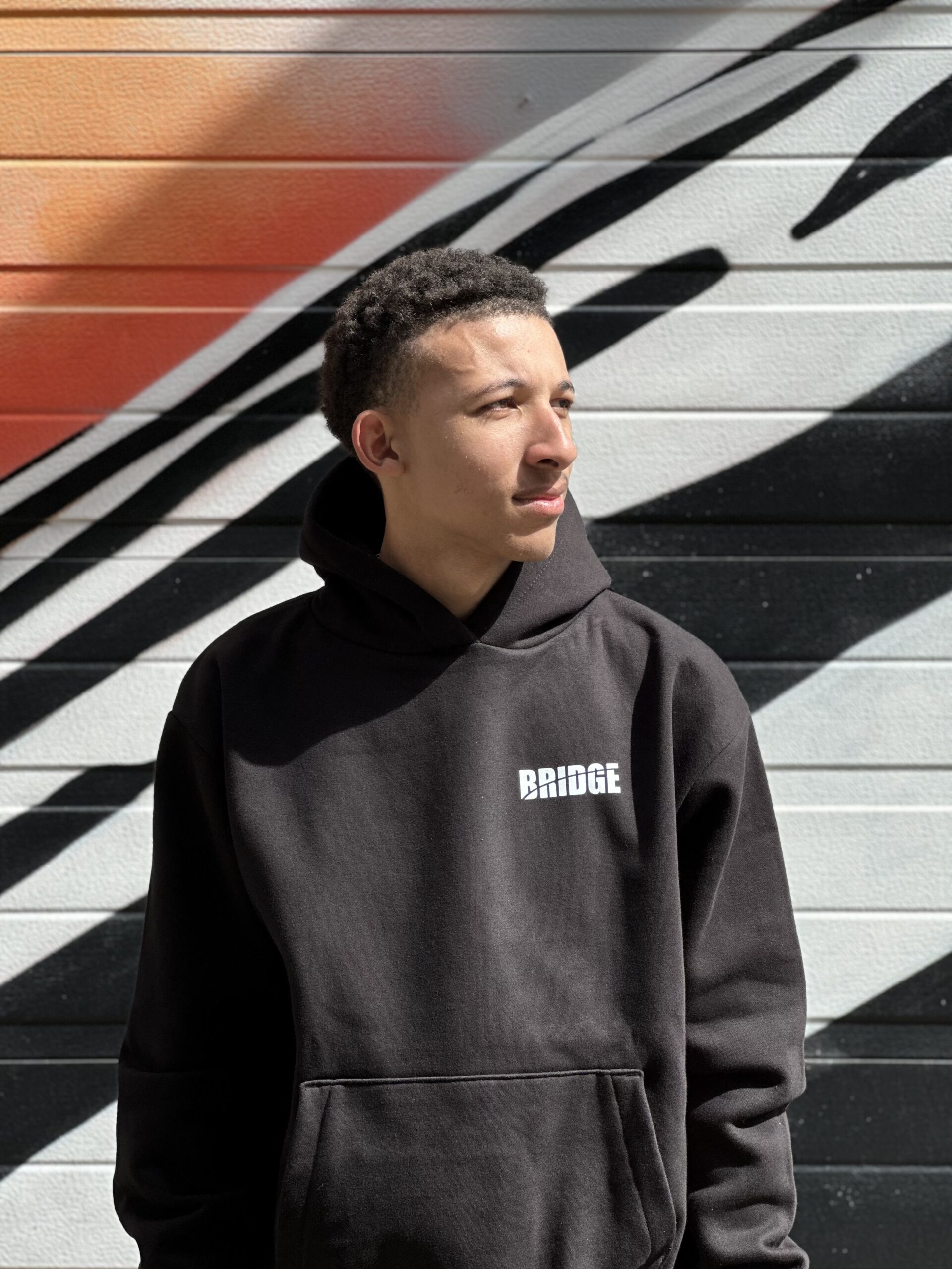 Zwarte hoodie van BRIDGE clothing, exclusief design ontworpen door kunstenaar Luuk Bode, verkrijgbaar in maat M, L en XL